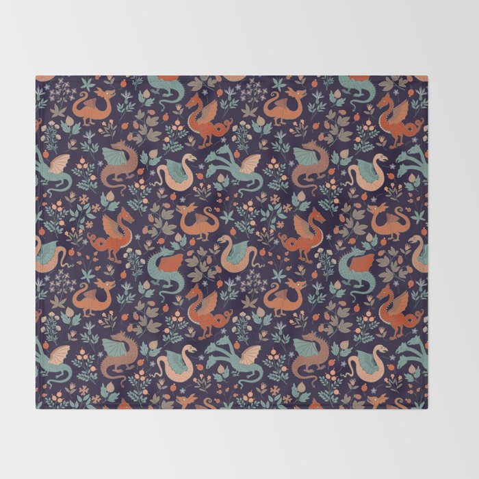 Dragons and Flowers Dark Purple Throw Blanket Gallery Image 2