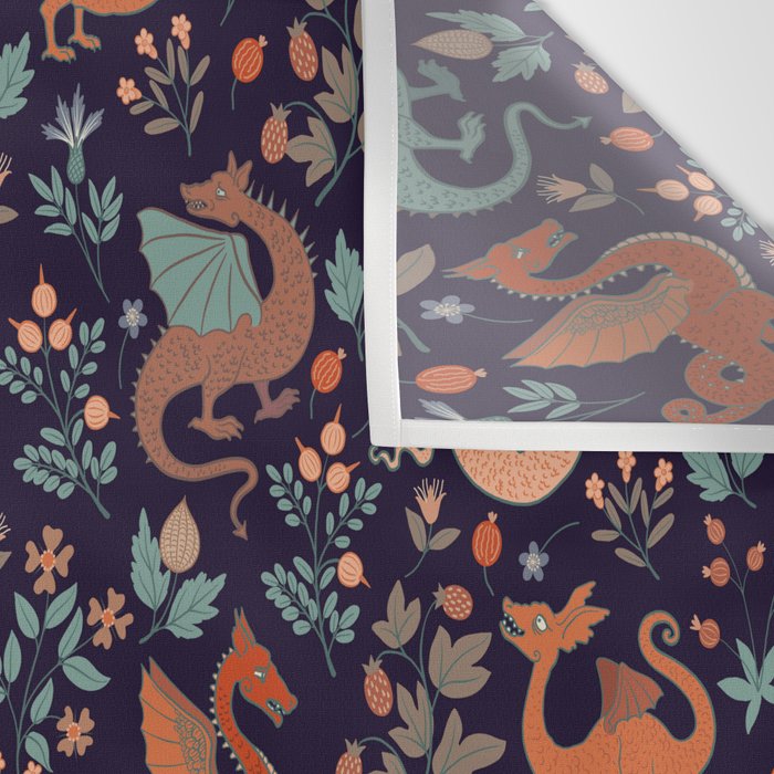 Dragons and Flowers Dark Purple Wall Tapestry Gallery Image 3