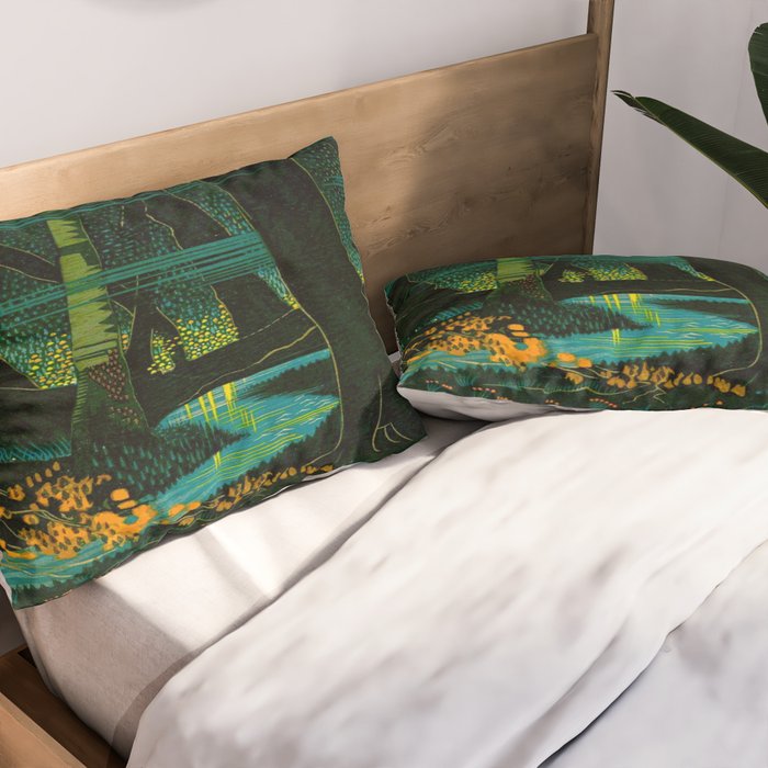 Magical Dark Fantasy Forest Woodblock Pillow Sham Gallery Image 2