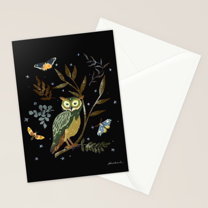Moonlit Owl and Fluttering Moths Stationery Card Gallery Image 2