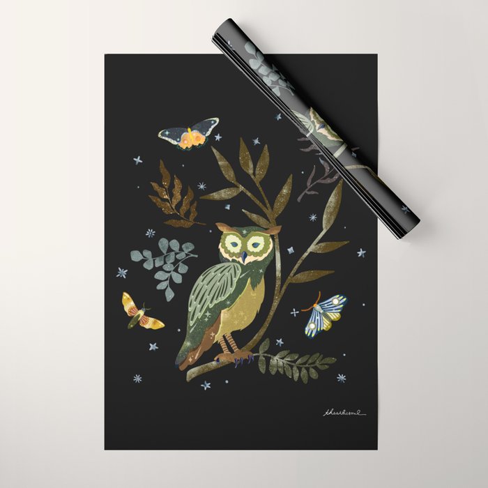Moonlit Owl and Fluttering Moths Wrapping Paper Gallery Image 1