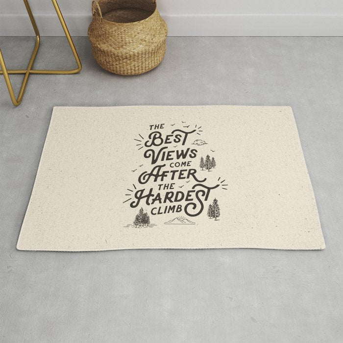 The Best Views Come After The Hardest Climb monochrome typography poster Rug Gallery Image 1