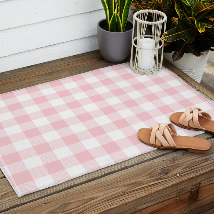 Large Valentine Soft Blush Pink and White Buffalo Check Plaid Outdoor Rug Gallery Image 2