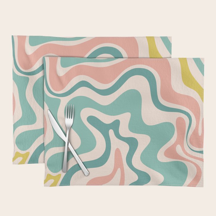 Retro Liquid Swirl Abstract Pattern Teal Blush Pink Mustard 4 Placemat Gallery Image 1