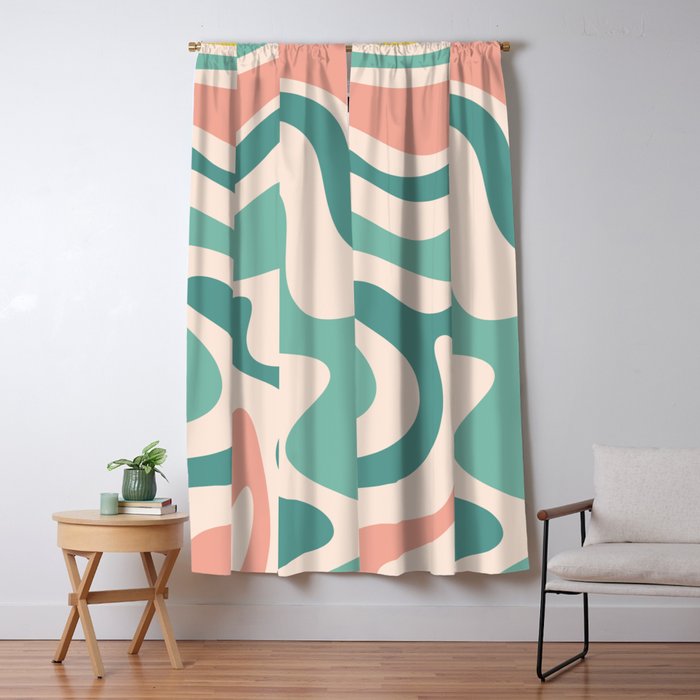 Retro Liquid Swirl Abstract Pattern Teal Blush Pink Mustard 4 Window Curtain Gallery Image 5