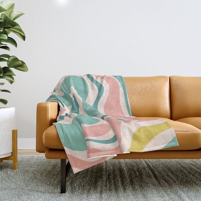 Retro Liquid Swirl Abstract Pattern Teal Blush Pink Mustard 4 Throw Blanket Gallery Image 1
