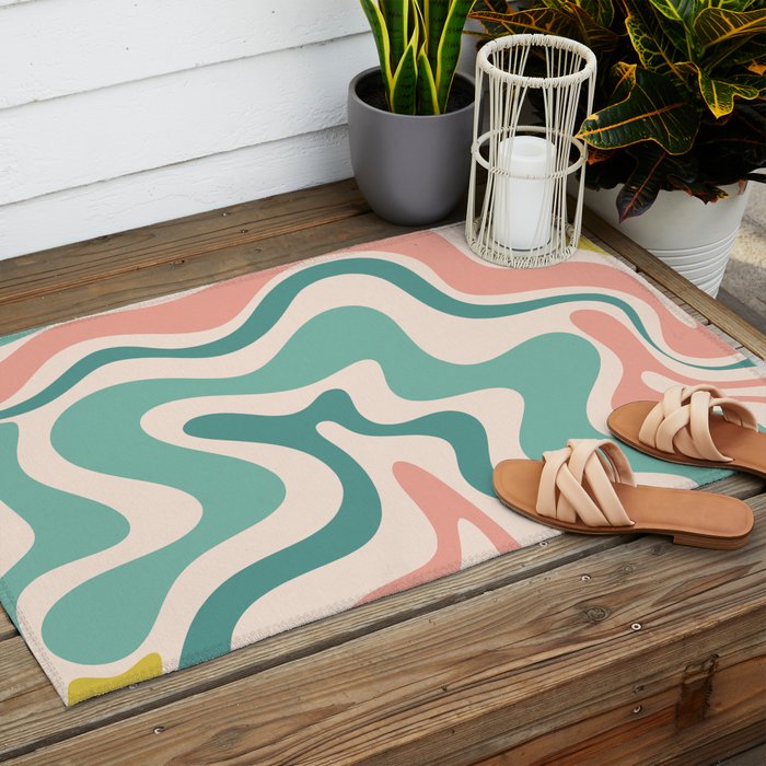 Retro Liquid Swirl Abstract Pattern Teal Blush Pink Mustard 4 Outdoor Rug Gallery Image 2