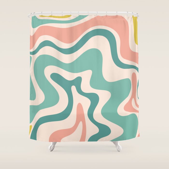 Retro Liquid Swirl Abstract Pattern Teal Blush Pink Mustard 4 Shower Curtain Gallery Image 1