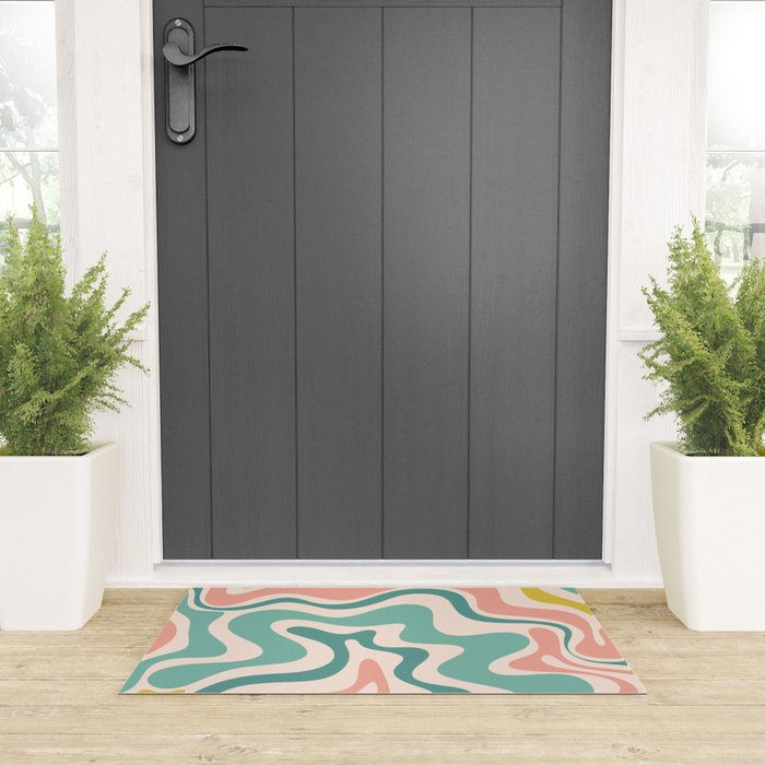 Retro Liquid Swirl Abstract Pattern Teal Blush Pink Mustard 4 Welcome Mat Gallery Image 3