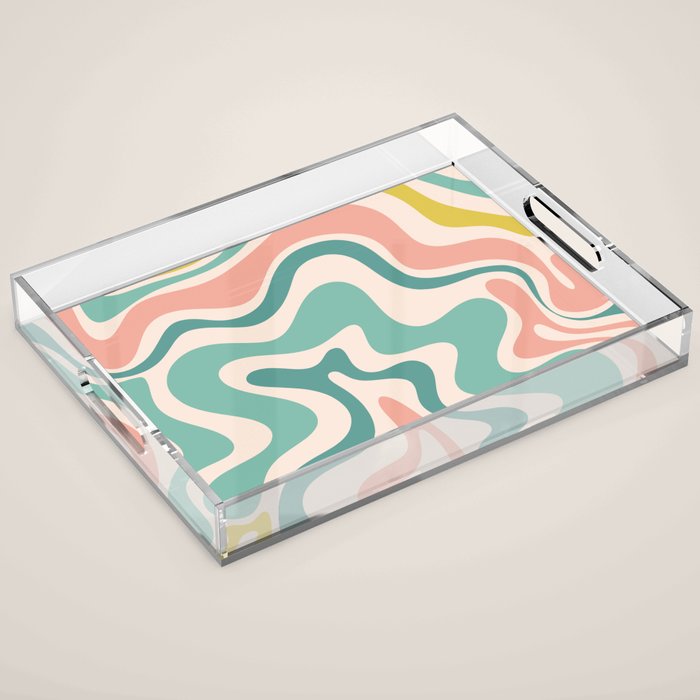 Retro Liquid Swirl Abstract Pattern Teal Blush Pink Mustard 4 Acrylic Tray Gallery Image 1