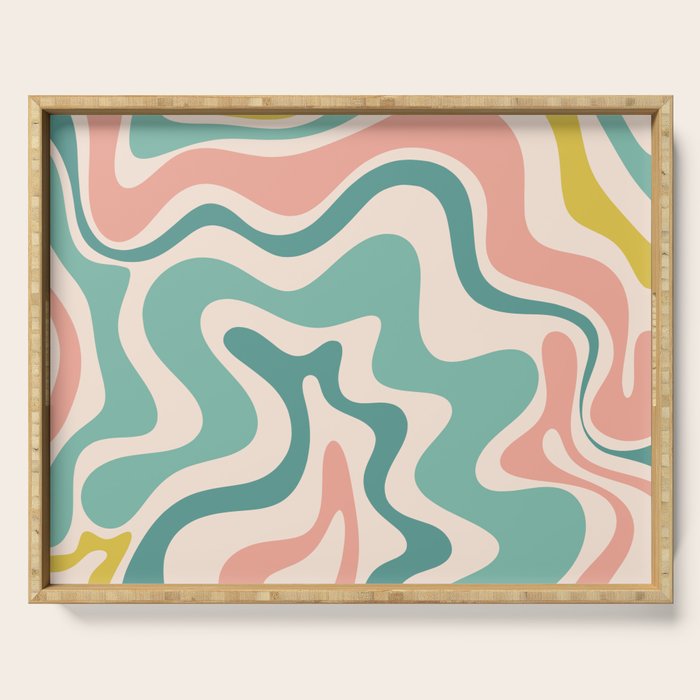 Retro Liquid Swirl Abstract Pattern Teal Blush Pink Mustard 4 Serving Tray Gallery Image 1