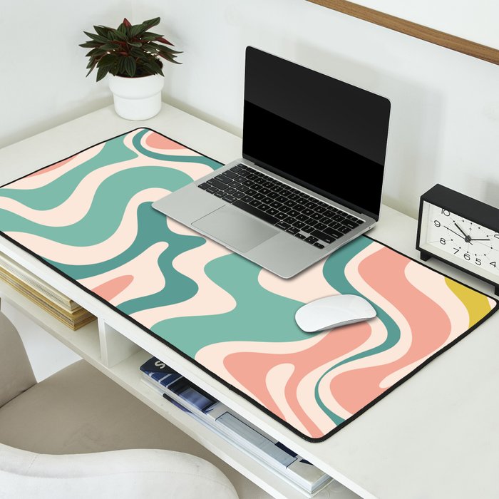 Retro Liquid Swirl Abstract Pattern Teal Blush Pink Mustard 4 Desk Mat Gallery Image 2