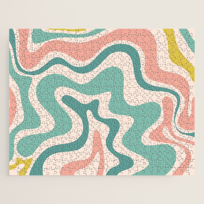 Retro Liquid Swirl Abstract Pattern Teal Blush Pink Mustard 4 Jigsaw Puzzle Gallery Image 1