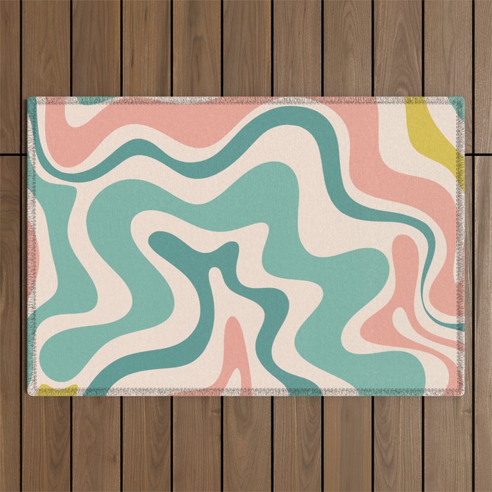 Retro Liquid Swirl Abstract Pattern Teal Blush Pink Mustard 4 Outdoor Rug Gallery Image 1