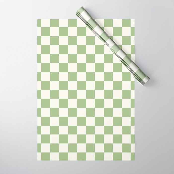Checkerboard Mini Check Checkered Pattern Light Sage Green and Cream Wrapping Paper Gallery Image 1