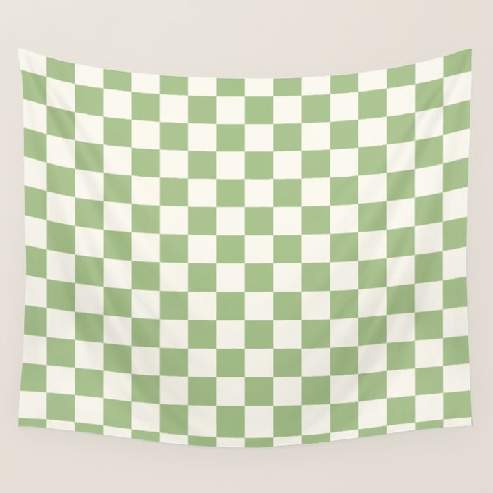Checkerboard Mini Check Checkered Pattern Light Sage Green and Cream Wall Tapestry Gallery Image 1