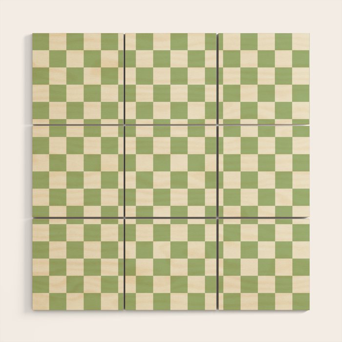 Checkerboard Mini Check Checkered Pattern Light Sage Green and Cream Wood Wall Art Gallery Image 1