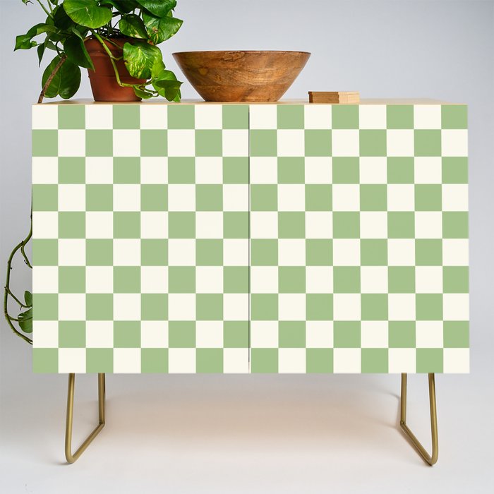 Checkerboard Mini Check Checkered Pattern Light Sage Green and Cream Credenza Gallery Image 1