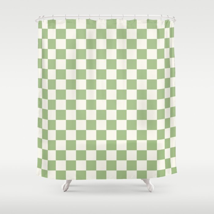 Checkerboard Mini Check Checkered Pattern Light Sage Green and Cream Shower Curtain Gallery Image 1