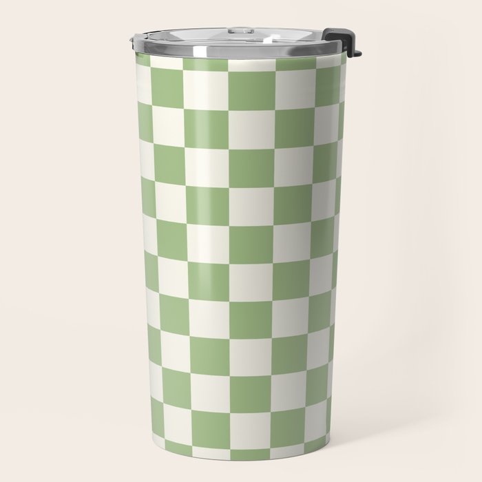Checkerboard Mini Check Checkered Pattern Light Sage Green and Cream Travel Mug Gallery Image 2