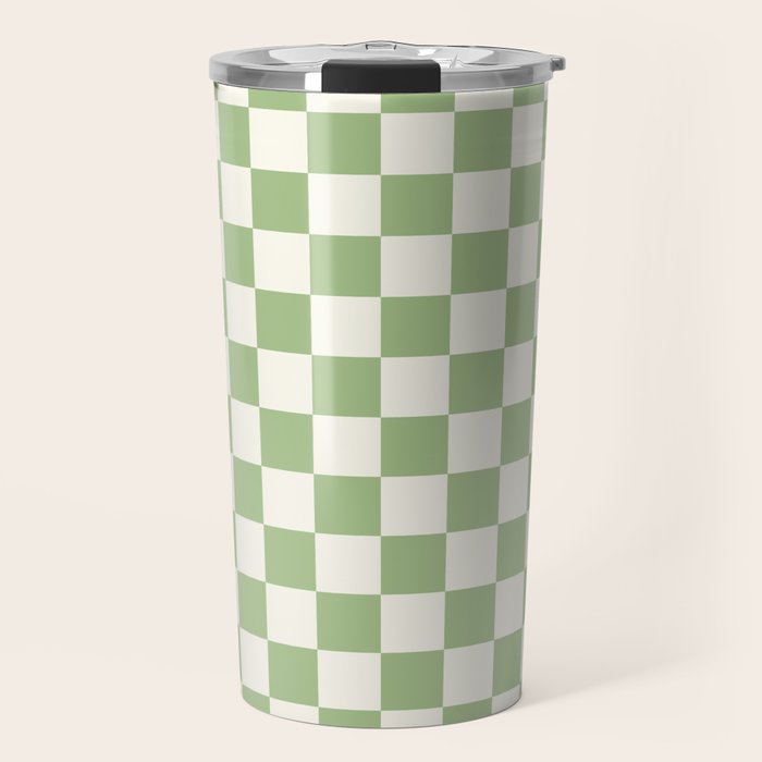 Checkerboard Mini Check Checkered Pattern Light Sage Green and Cream Travel Mug Gallery Image 1