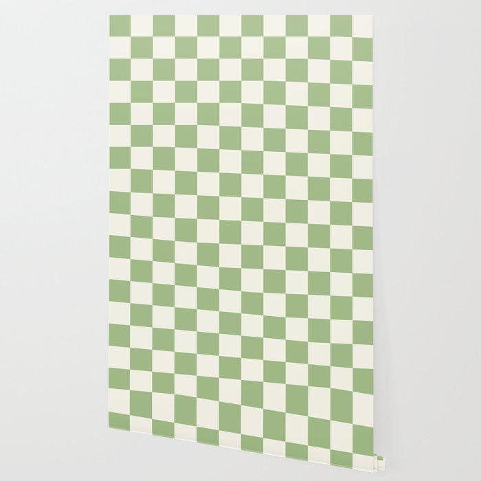 Checkerboard Mini Check Checkered Pattern Light Sage Green and Cream Wallpaper Gallery Image 2