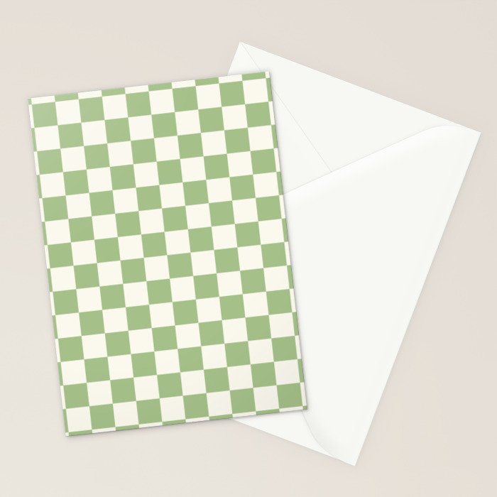 Checkerboard Mini Check Checkered Pattern Light Sage Green and Cream Stationery Card Gallery Image 2