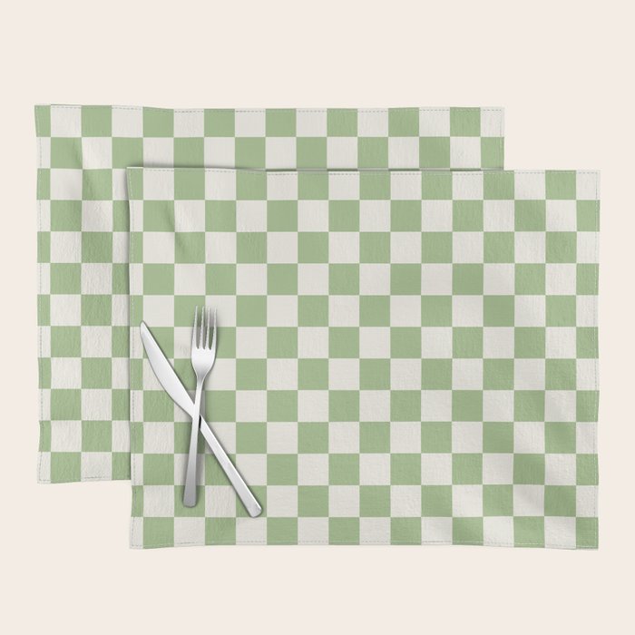 Checkerboard Mini Check Checkered Pattern Light Sage Green and Cream Placemat Gallery Image 1