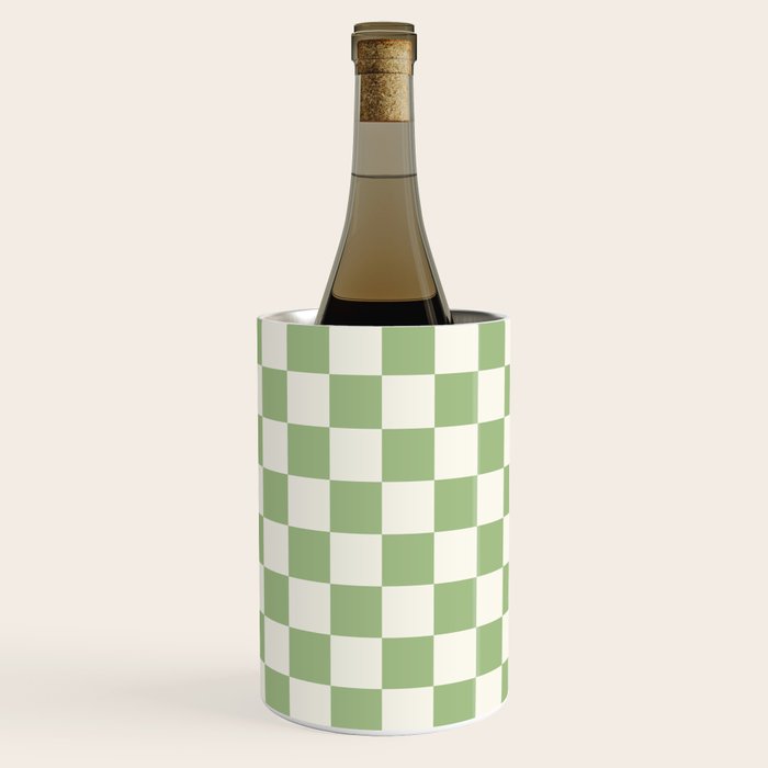 Checkerboard Mini Check Checkered Pattern Light Sage Green and Cream Wine Chiller Gallery Image 1