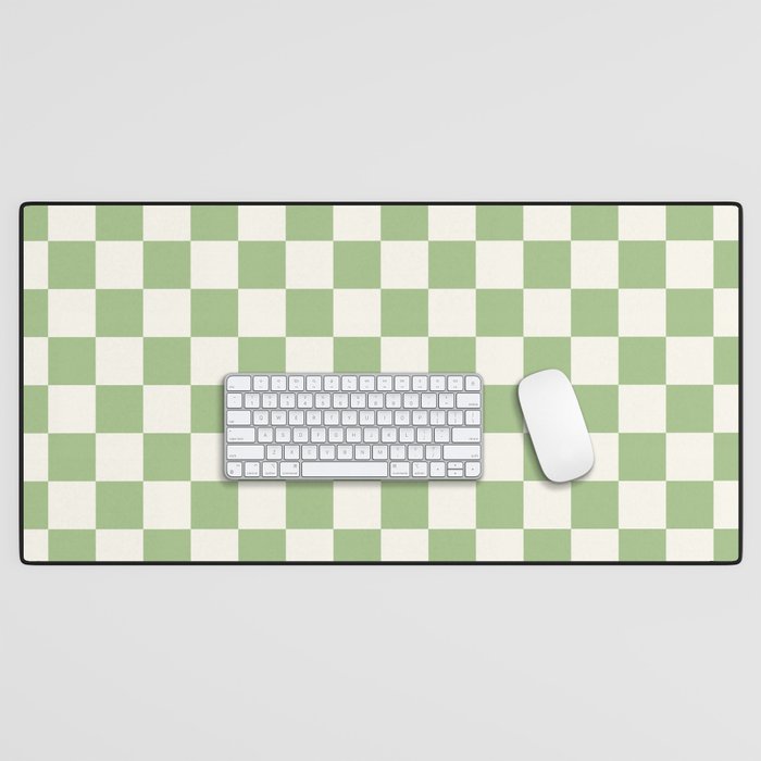Checkerboard Mini Check Checkered Pattern Light Sage Green and Cream Desk Mat Gallery Image 1