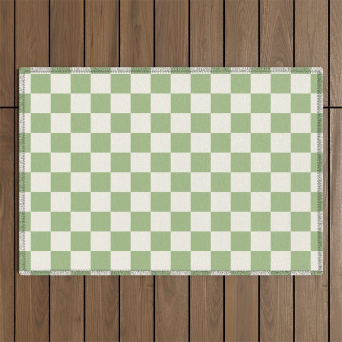 Checkerboard Mini Check Checkered Pattern Light Sage Green and Cream Outdoor Rug Gallery Image 1