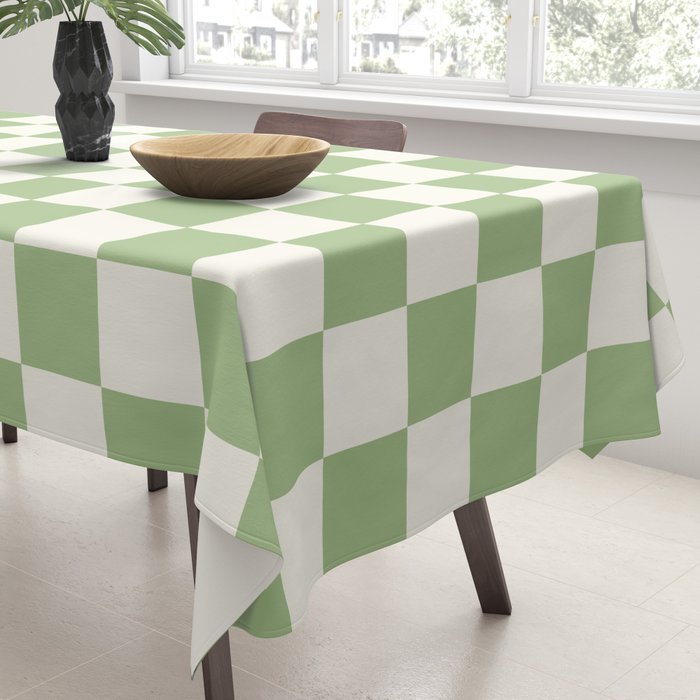Checkerboard Mini Check Checkered Pattern Light Sage Green and Cream Tablecloth Gallery Image 3