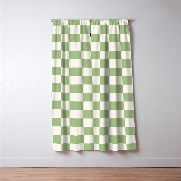 Checkerboard Mini Check Checkered Pattern Light Sage Green and Cream Window Curtain Gallery Image 3