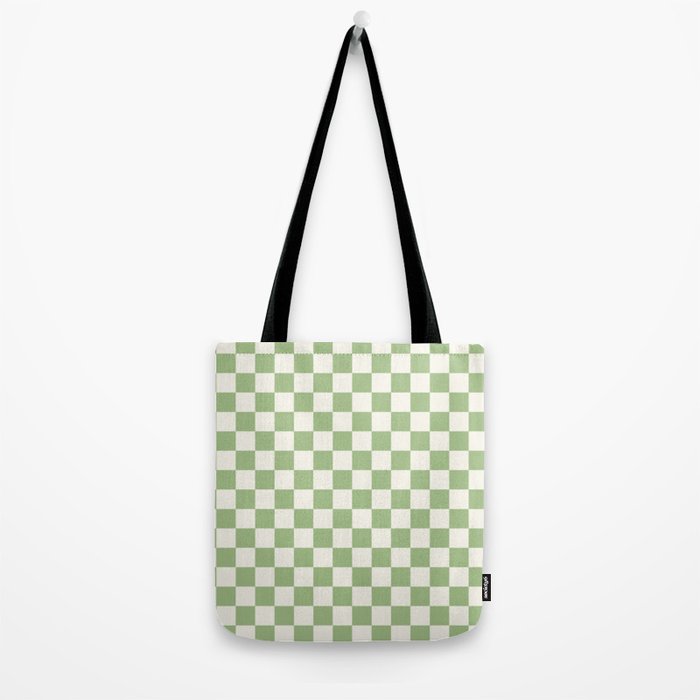Checkerboard Mini Check Checkered Pattern Light Sage Green and Cream Tote Bag Gallery Image 2