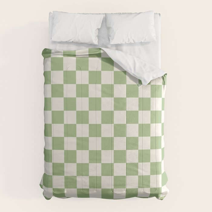 Checkerboard Mini Check Checkered Pattern Light Sage Green and Cream Comforter Gallery Image 1
