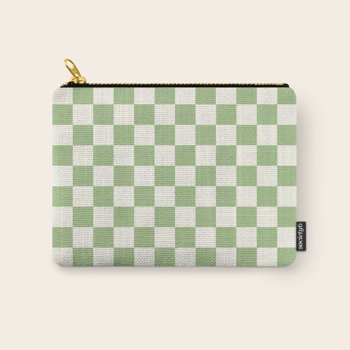 Checkerboard Mini Check Checkered Pattern Light Sage Green and Cream Carry All Pouch Gallery Image 1