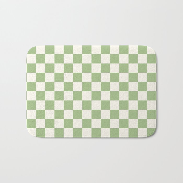 Checkerboard Mini Check Checkered Pattern Light Sage Green and Cream Bath Mat Gallery Image 1