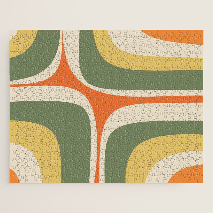 Mid Century Modern Abstract Retro Groove Pattern in Mossy Sage Olive Green Orange Mustard  Jigsaw Puzzle Gallery Image 1