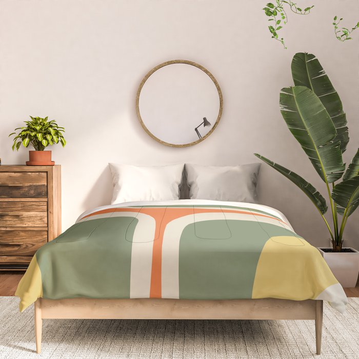 Mid Century Modern Abstract Retro Groove Pattern in Mossy Sage Olive Green Orange Mustard  Comforter Gallery Image 3