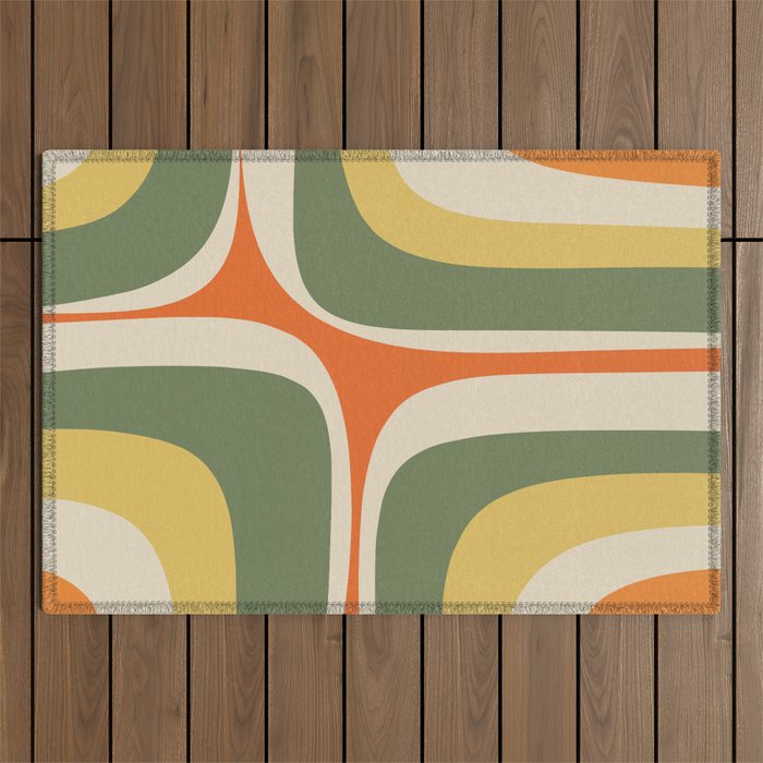 Mid Century Modern Abstract Retro Groove Pattern in Mossy Sage Olive Green Orange Mustard  Outdoor Rug Gallery Image 1