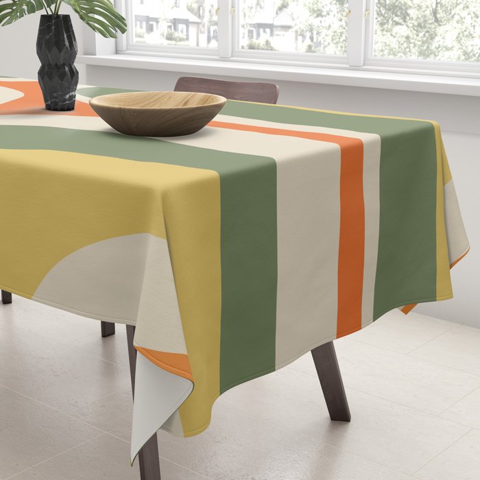 Mid Century Modern Abstract Retro Groove Pattern in Mossy Sage Olive Green Orange Mustard  Tablecloth Gallery Image 3