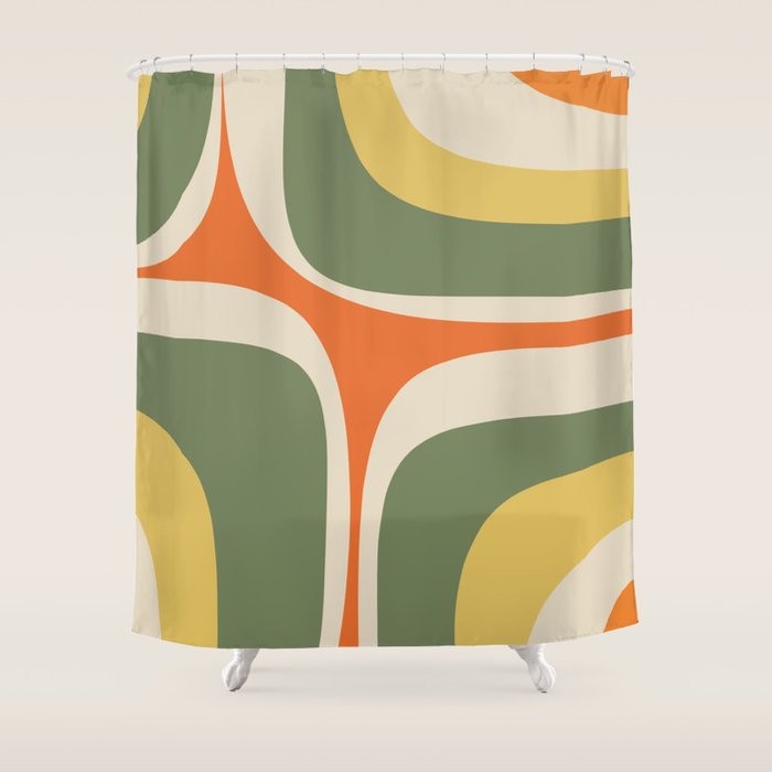 Mid Century Modern Abstract Retro Groove Pattern in Mossy Sage Olive Green Orange Mustard  Shower Curtain Gallery Image 1