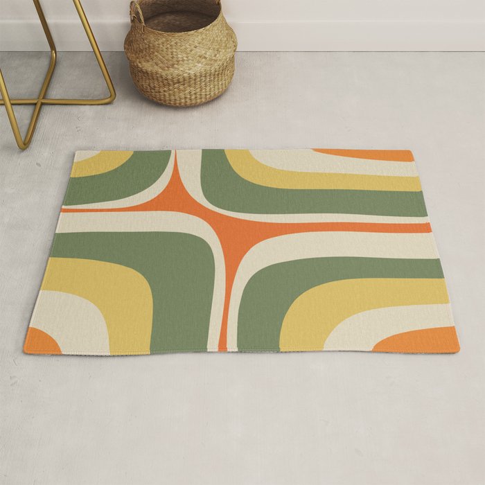 Mid Century Modern Abstract Retro Groove Pattern in Mossy Sage Olive Green Orange Mustard  Rug Gallery Image 1