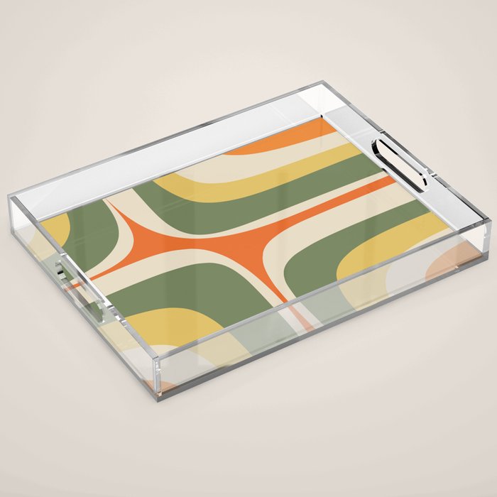 Mid Century Modern Abstract Retro Groove Pattern in Mossy Sage Olive Green Orange Mustard  Acrylic Tray Gallery Image 1