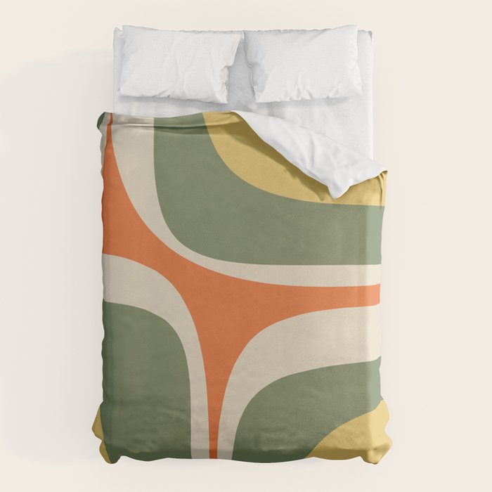 Mid Century Modern Abstract Retro Groove Pattern in Mossy Sage Olive Green Orange Mustard  Duvet Cover Gallery Image 6