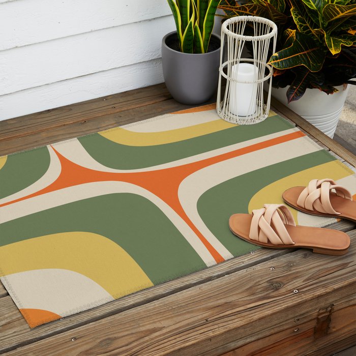 Mid Century Modern Abstract Retro Groove Pattern in Mossy Sage Olive Green Orange Mustard  Outdoor Rug Gallery Image 2