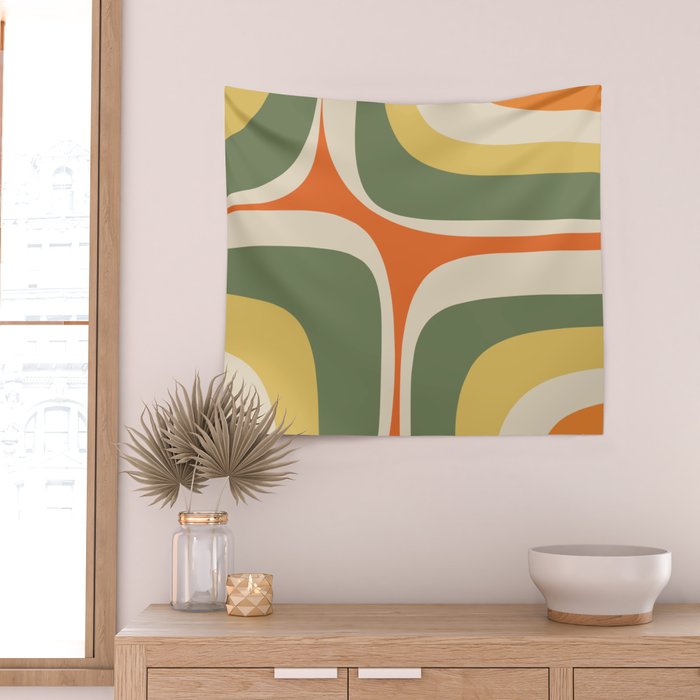 Mid Century Modern Abstract Retro Groove Pattern in Mossy Sage Olive Green Orange Mustard  Wall Tapestry Gallery Image 2