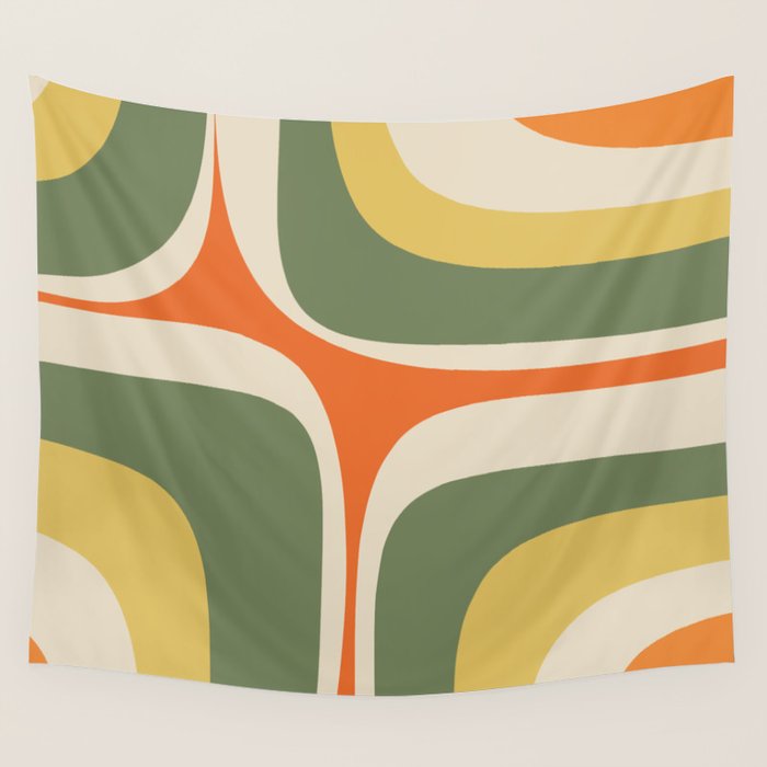 Mid Century Modern Abstract Retro Groove Pattern in Mossy Sage Olive Green Orange Mustard  Wall Tapestry Gallery Image 4