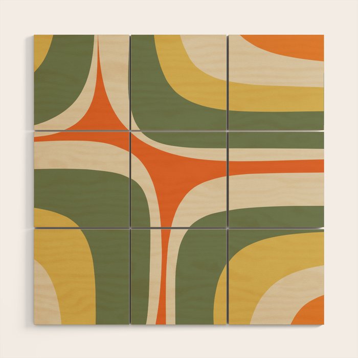 Mid Century Modern Abstract Retro Groove Pattern in Mossy Sage Olive Green Orange Mustard  Wood Wall Art Gallery Image 1