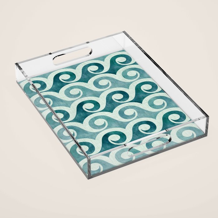 Vintage Waves Tropical Teal Geometric Pattern Acrylic Tray Gallery Image 1